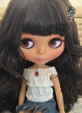 NEO Blythe Doll Custom Black Hair OOAK Matte Face Tan Skin BJD 12" Jointed Body