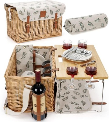 Picnic Gift Set 4 Wicker Basket Wine Table Blanket