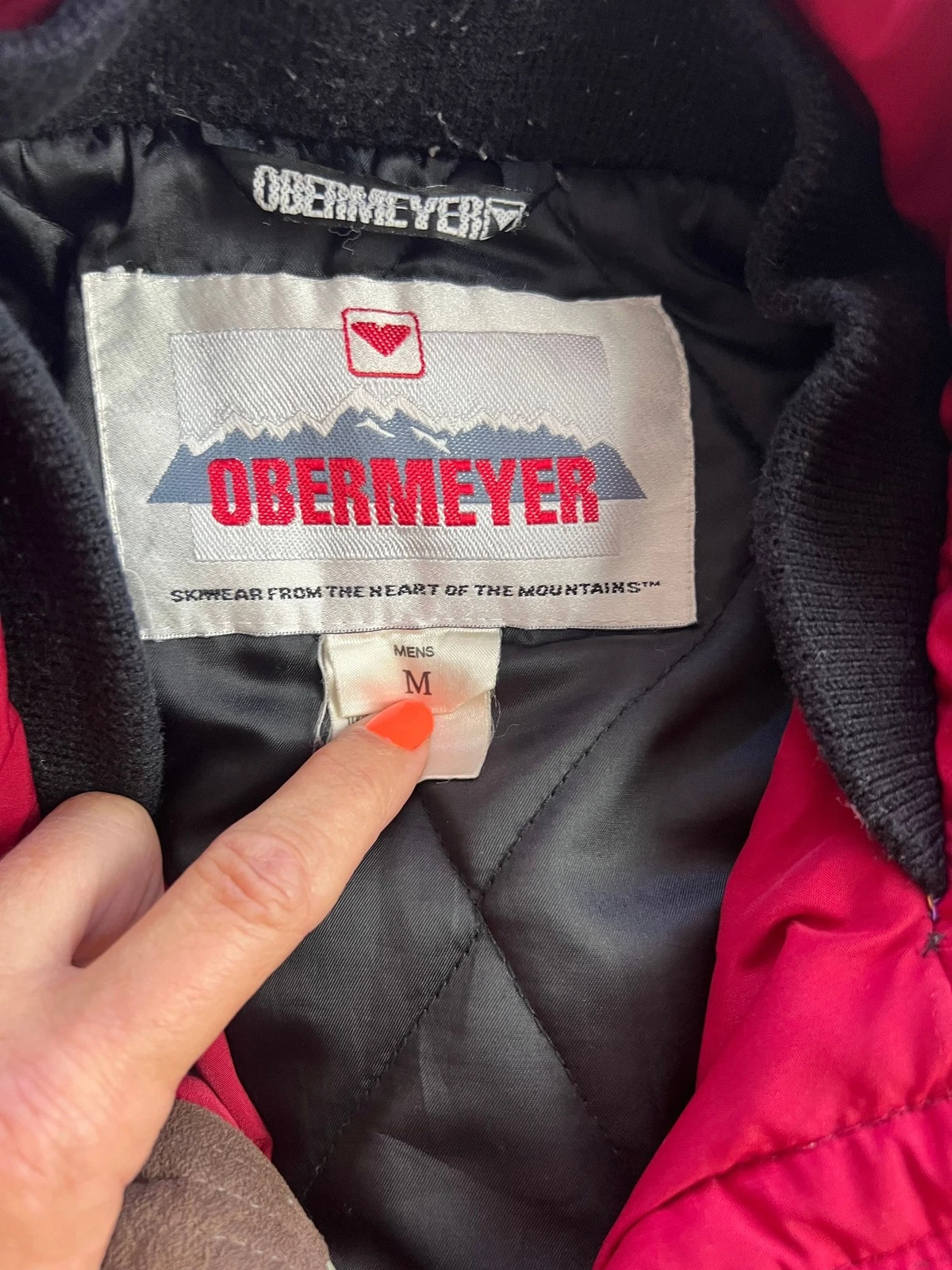 Obermeyer Vintage Ski Jacket Men's Medium Black Red Tan Trim Retro Winter Coat image 2