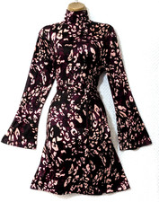 NWT LIPSY Burgundy Leopard Print High Neck A-Line Dress Sz 14 Smart Occasion