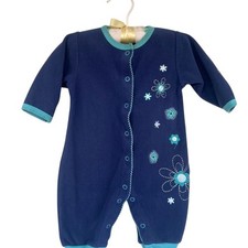 Carter's Vintage Blue Fleece Baby Pajama Coverall with Floral Embroidery