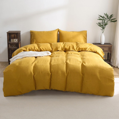 Triton Yellow French Linen Duvet Cover Set with Pillowcases - Queen Size