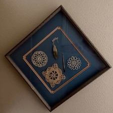 Vintage Tatting Shadow Box With Tatting Shuttle, Needle and Doilies