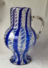 blau-weißer Biedermeier Fadenglaskrug Glaskrug Fadenglas Lauscha Thüringen 25cm