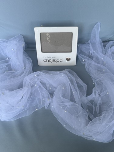 Engagement Décor Set-“We’re Engaged” Photo Frame &White Pearl Tulle Table Runner