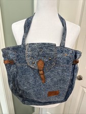 Vintage Denim Classic Denim Tote Bag With Genuine Leather Trim 16  x13  x6.5  