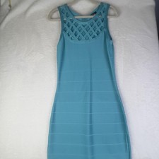 Venus Dress Womens L Blue Lattice Strap Bodycon Knit Knee Length Party Cocktail