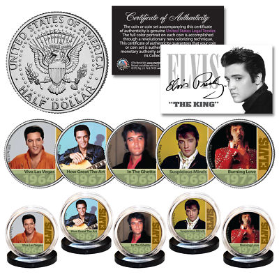 ELVIS PRESLEY 1960's-70's Music Hits OFFICIAL JFK Kennedy Half Dollar 5-Coin Set