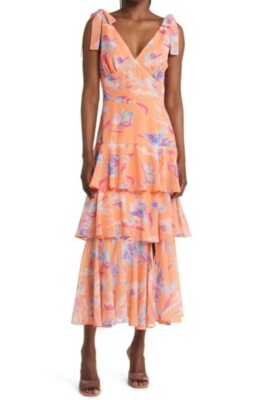 wayf orange dress WAYF Alma Orange Floral Tiered Dress SIZE MEDIUM