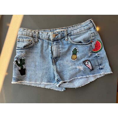 Bershka Denim Shorts Patches Cactus Pineapple Watermelon Light Wash Sz 6