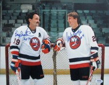 Mike Bossy/Bryan Trottier HOF Dual-Signed/Inscr 11x14 Photo Islanders PSA 195266