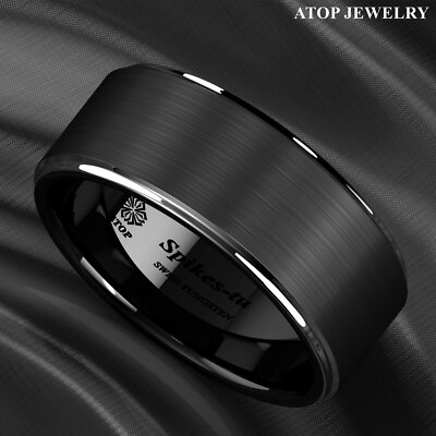 8/6mm Black Brushed Silver Stripe Tungsten Ring Wedding Band ATOP Men's Jewelry