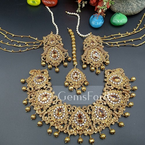 Faryal Makhdoom Pakistani Indian Bridal Necklace Earrings Tikka Jewellery Set UK - Picture 2 of 10