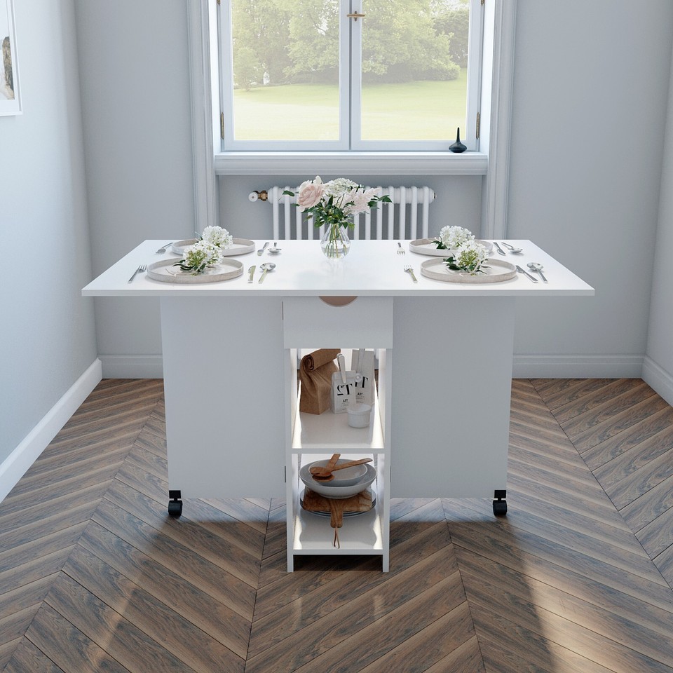 Mondeer Mobiler Klappbarer Esstisch, Klapptisch Mit 2 Offenen Ablagen, Rundes Kanten Design Fuer Kleine Raeume Esszimmer Kueche, 120 X 80 X 75 Cm, Eiche Und Weiss 4623720725