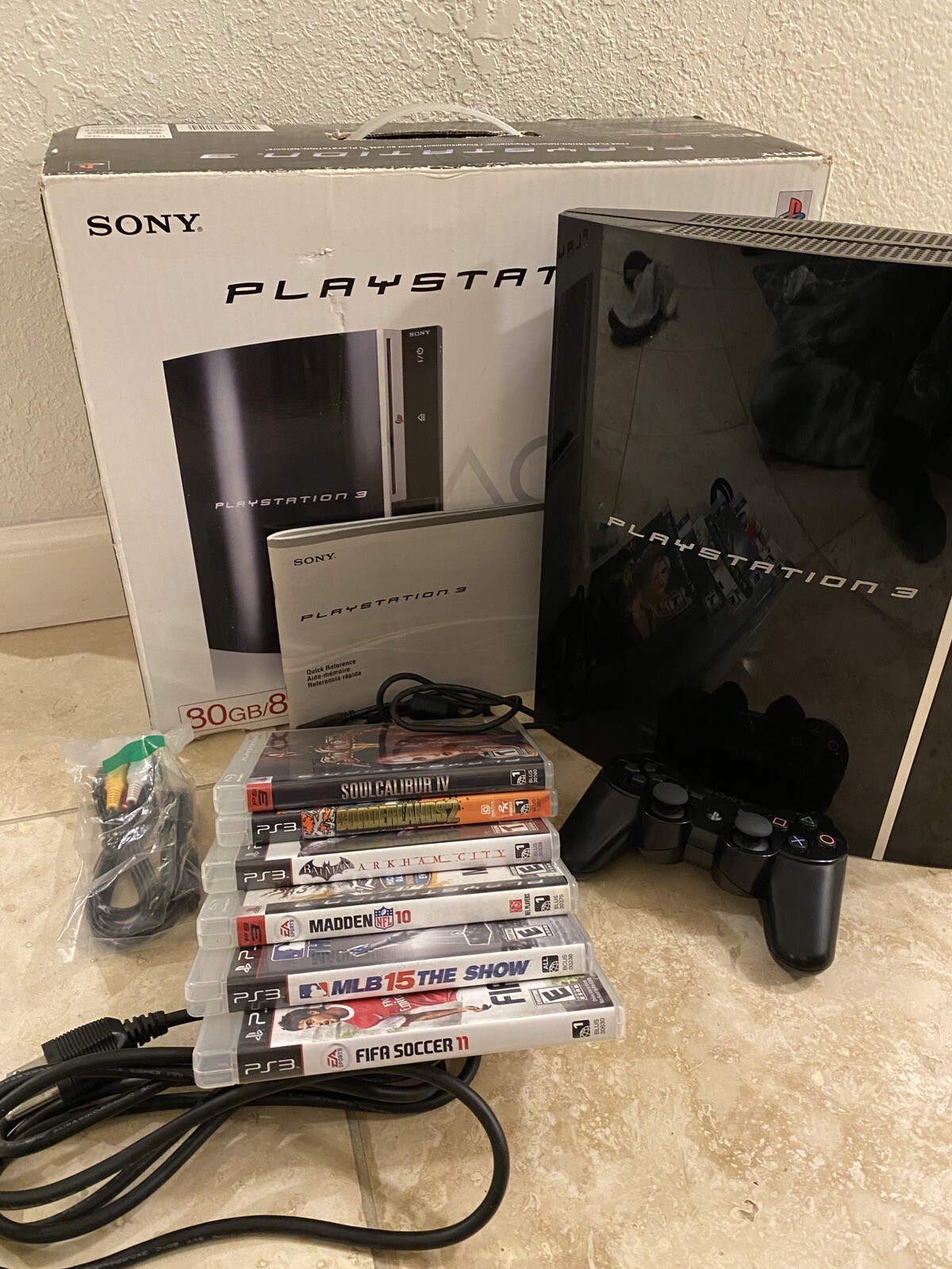 Black Sony PlayStation 3 PS3 CECHL01 80GB Complete In Box With 6 Games