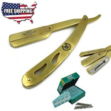 SMART BARBER CUT THROAT STAINLESS STEEL STRAIGHT RAZOR RASOIR 100 BLADES GOLD