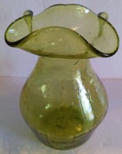 Small, Vintage, Green, Hand Blown, Crackle Glass Vase 5.25" Tall