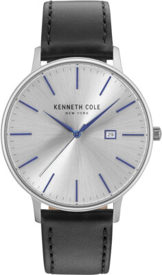 Kenneth Cole Herren Armbanduhr Uhr Classic Watch 43 mm Silber Blau Datum Tag
