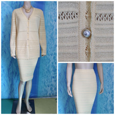 St. John Collection Light Yellow Jacket Skirt L 12 14 10 2pc Suit Crochet Detail