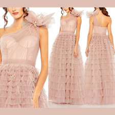 NWT Mac Duggal [ 8 ] 20447 One Shoulder Bow Feather Tiered A Line Gown #J1608