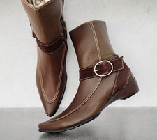Y2k Vintage Leather Pointed Toe Flat Ankle Boots Khaki Brown Unused Women Boots