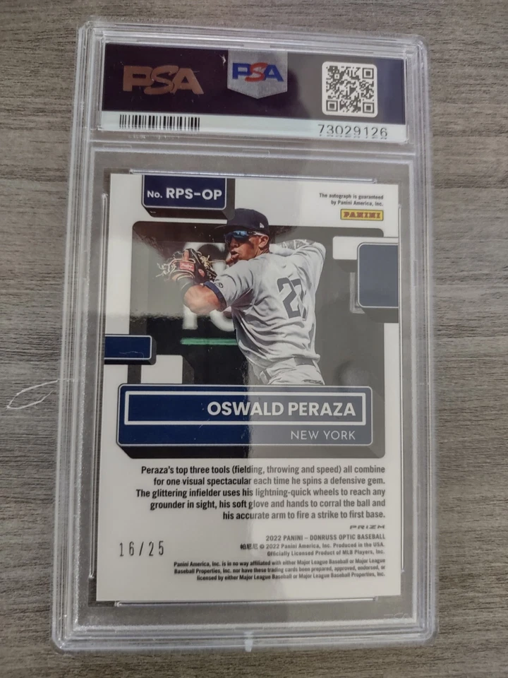 2022 Panini Donruss Optic Oswald Peraza TEAL VELOCITY HOLO PSA 10 AUTO 16/25 - Image 4 of 4