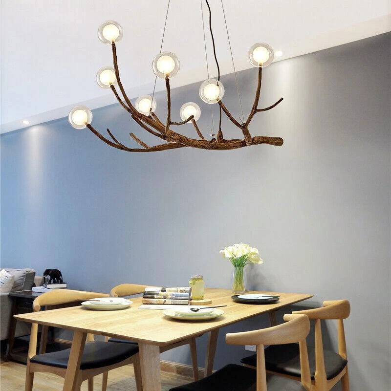 Lámpara de araña globo de vidrio moderna rama de madera rama de árbol luz accesorios de techo Foto 3 de 4