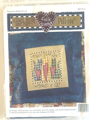 Folk Hearts Cross Stitch Felt Cat Pillow Kit Barbara Finwall  #HFC-50720 SEALED