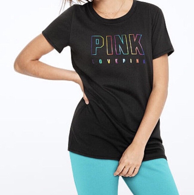 NEW Victoria's Secret PINK Everyday Tee Black Rainbow Logo T Shirt