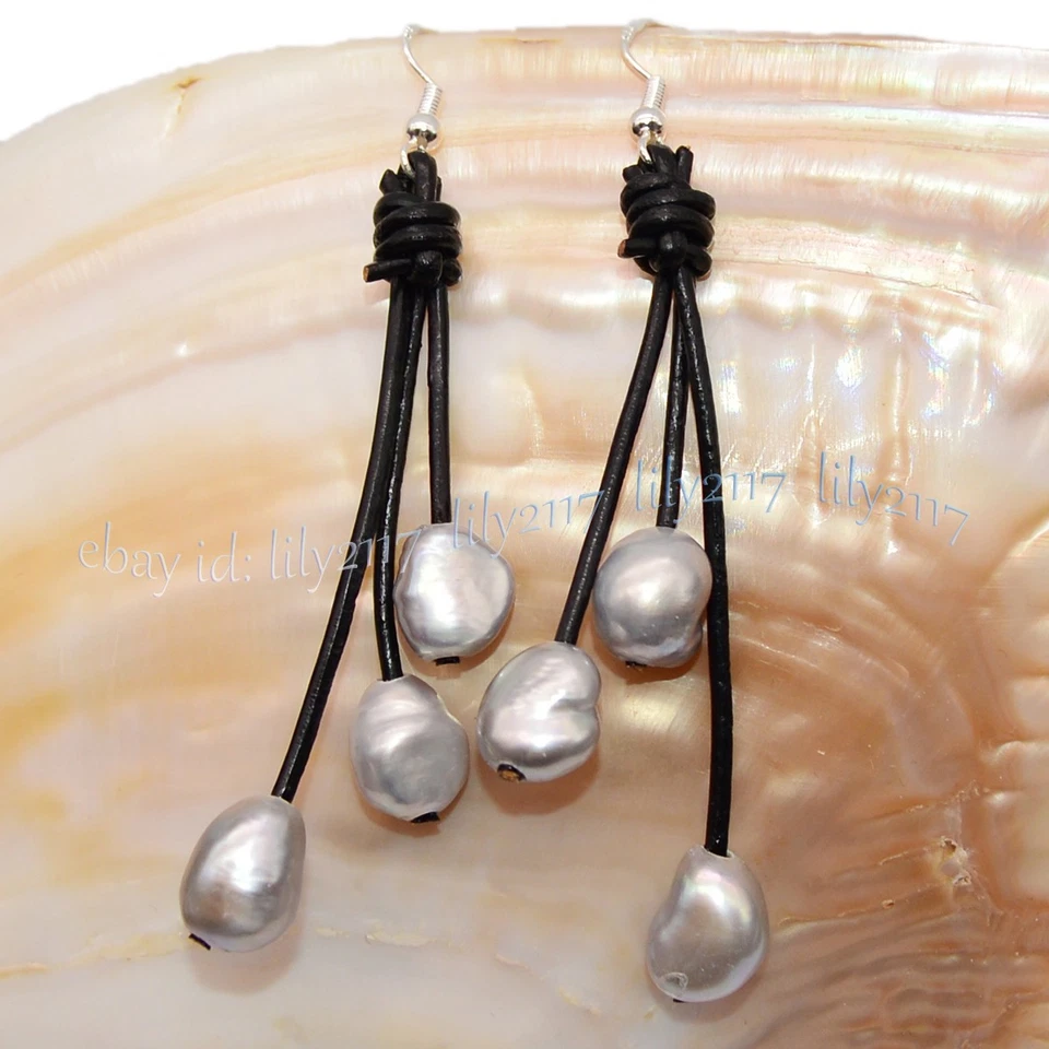 Pendientes de gancho colgantes de cuerda de cuero negro con perlas barrocas naturales de agua dulce 9-10 mm Foto 2 de 4