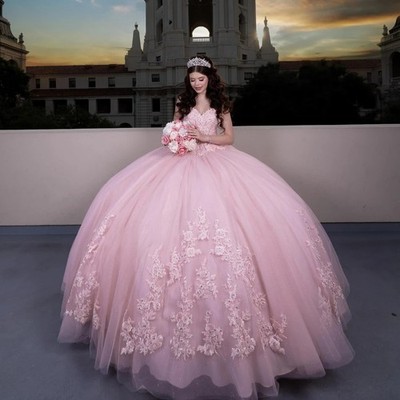Pink Quinceanera Dresses Off Shoulder Lace Applique Beaded Bow Tiered Ball Gowns