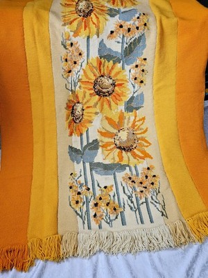 Hand Crocheted Cross Stitch  Sunflowers Afghan Rug Throw Cottage Core Thick