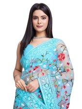 Women Net Floral Pattern Embroidery Work Saree With Unstitched Blouse