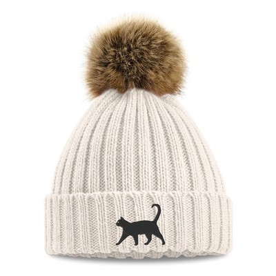Bestickte schwarze Katze Bommelmütze Kunstfellbommel Grobstrickmütze Besitzer schenkt ihr...