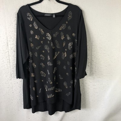 Susan Graver Tunic Top Womens 2X Black Animal Print Rhinestone 3/4 Sleeve Fall