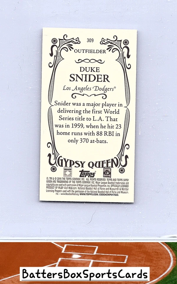 2016 Topps Gypsy Queen #309 Duke Snider Mini - Image 2 of 2