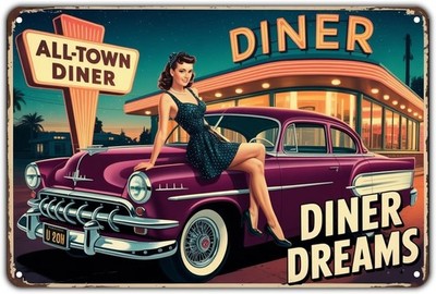 Retro Diner Girl AllTown Diner Tin Metal Signs Home Décor Vintage 50s Diner Car