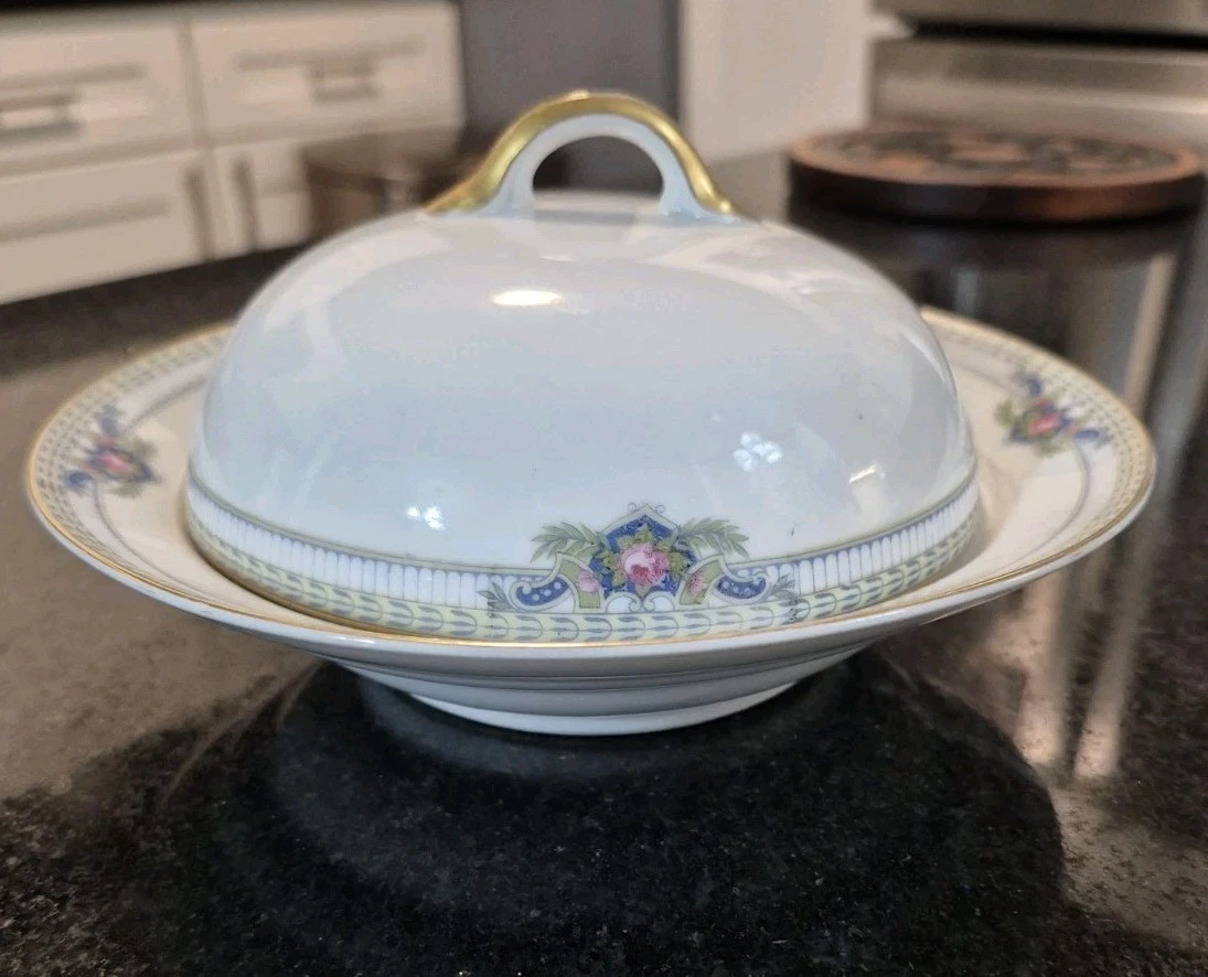 Vintage Noritake Round Covered Butter Dish /Keeper W/ Lid & Strainer Gold Trim