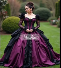 Black And Purple Gothic Wedding Dresses Ball Gown Victorian Bride Dress 1850s