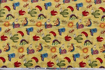 1 Yard+ Beth Logan TEJAS Screen Print Fabric SOUTHWEST Boots Cactus Peppers WEST