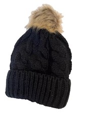 Youth Hat Beanie Black Knit PomPom One Size Comfort Fur Inside