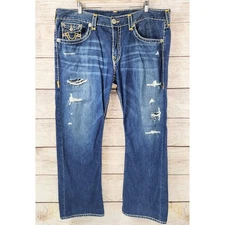 True Religion Jeans Mens Ricky Super T Flap Yellow Stitch 42 Distressed