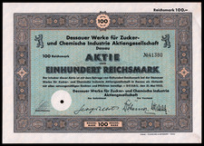 Dessauer Werke (of Zyklon B infamy) 100 Reichsmark Stock Certificate VF+