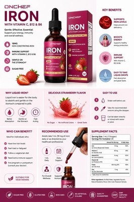 ONCHEF Iron Supplement 18mg with Vitamin C, B12, B6, Sugar Free, Strawberry, 60 