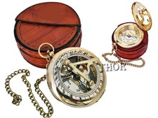 Beautiful Brass Sundial Compass with Brown Leather Case  Chain  Push Open C...