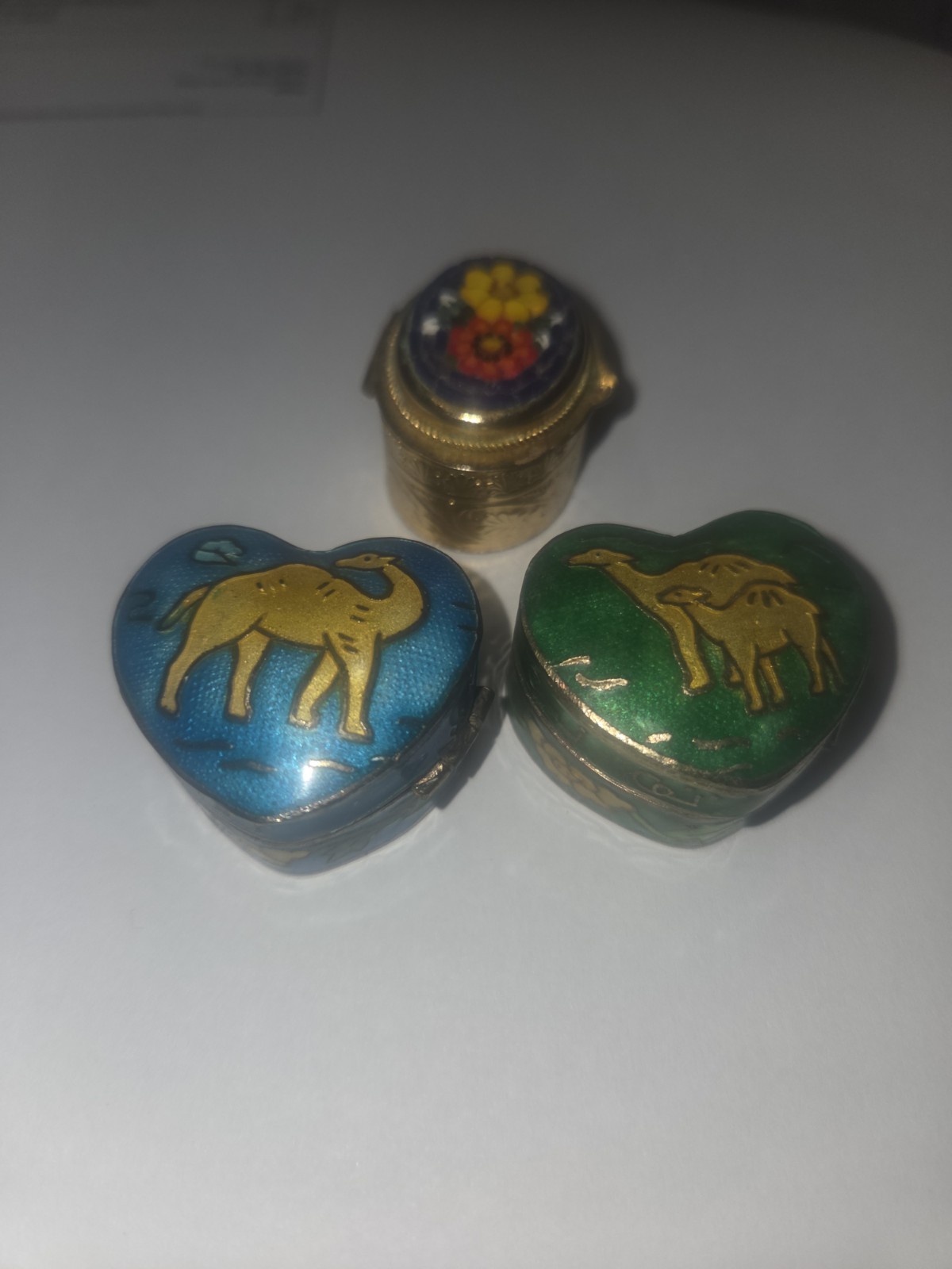1 Vintage Micro Mosaic 2 Enamel Pill Boxes Flower / Camel Designs