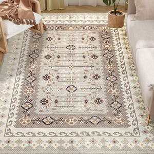 HOMCOM Area Rug 8x10, Non-Slip Boho Flannel Print Floor Carpet, Brown