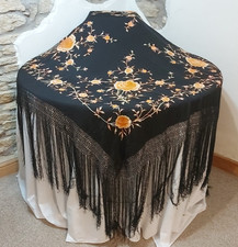 Vintage spanisches Manilla/Klavier Schal schwarz-Fransen-orange Blumenstickerei 50"