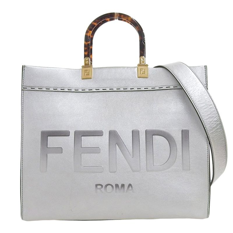 FENDI Sunshine Medium 8BH386 2WAY Leather Tote Shoulder Bag Silver Authentic