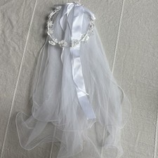 Girls First Communion Veil with White Flowers Pearls and Crystals
